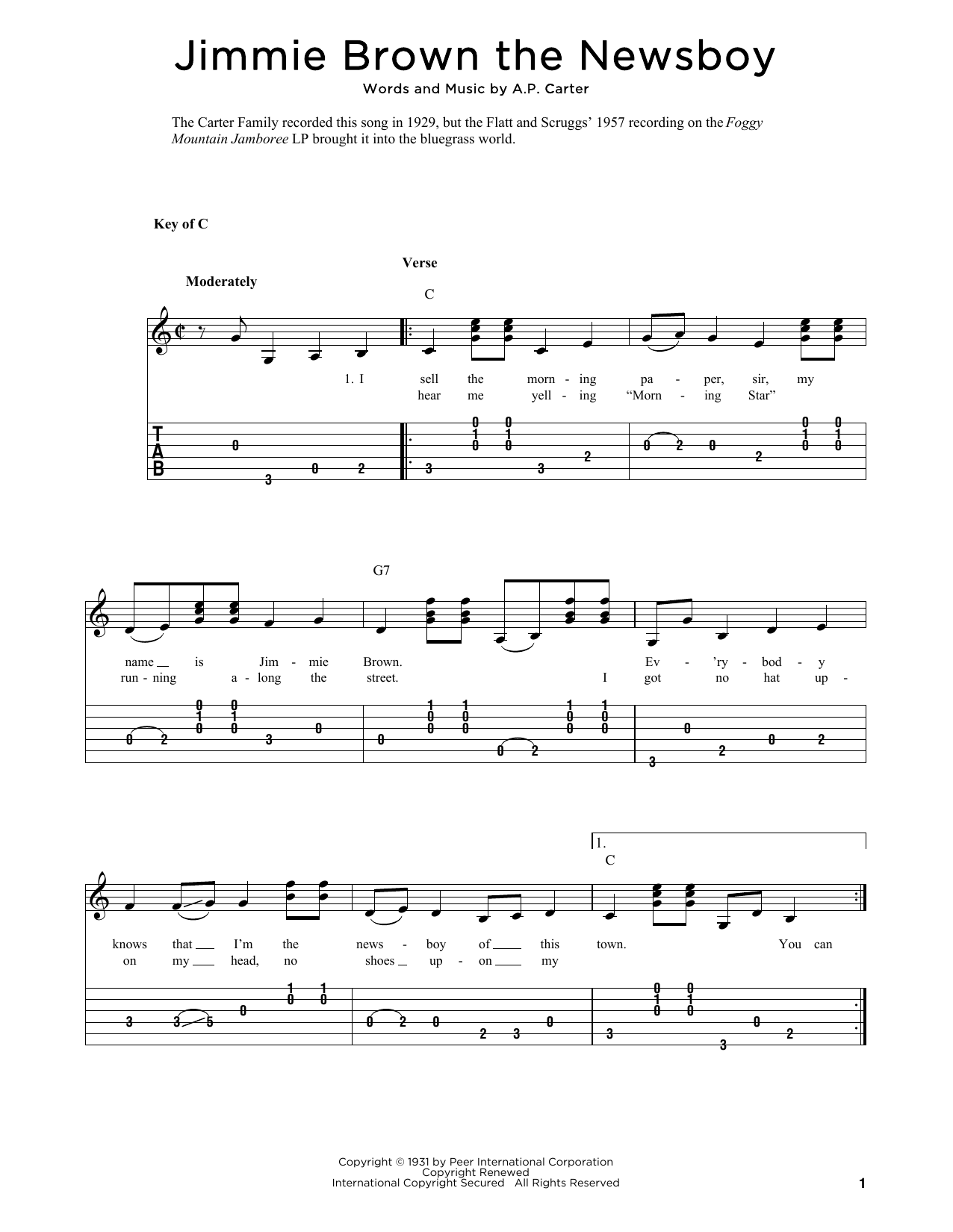 Download The Carter Family Jimmie Brown The Newsboy (arr. Fred Sokolow) Sheet Music and learn how to play Solo Guitar PDF digital score in minutes