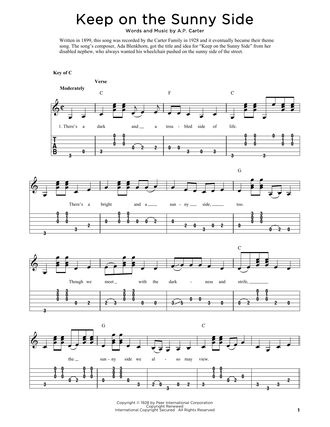 Download The Carter Family Keep On The Sunny Side (arr. Fred Sokolow) Sheet Music and learn how to play Solo Guitar PDF digital score in minutes