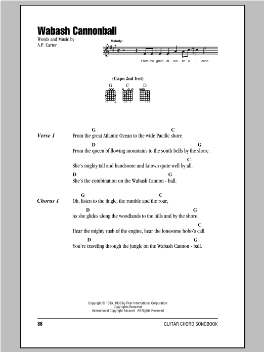 Download The Carter Family Wabash Cannonball Sheet Music and learn how to play Lyrics & Chords PDF digital score in minutes