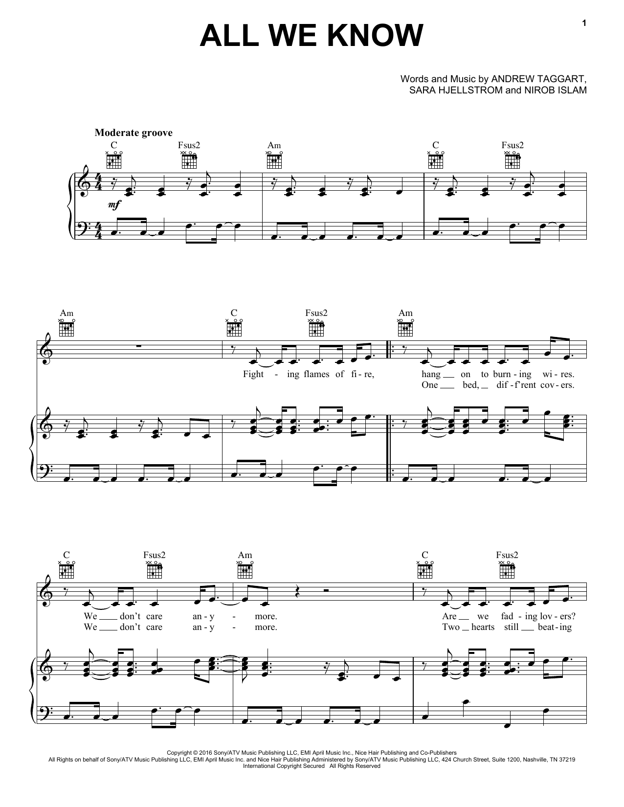 Download The Chainsmokers All We Know (feat. Phoebe Ryan) Sheet Music and learn how to play Piano, Vocal & Guitar (Right-Hand Melody) PDF digital score in minutes