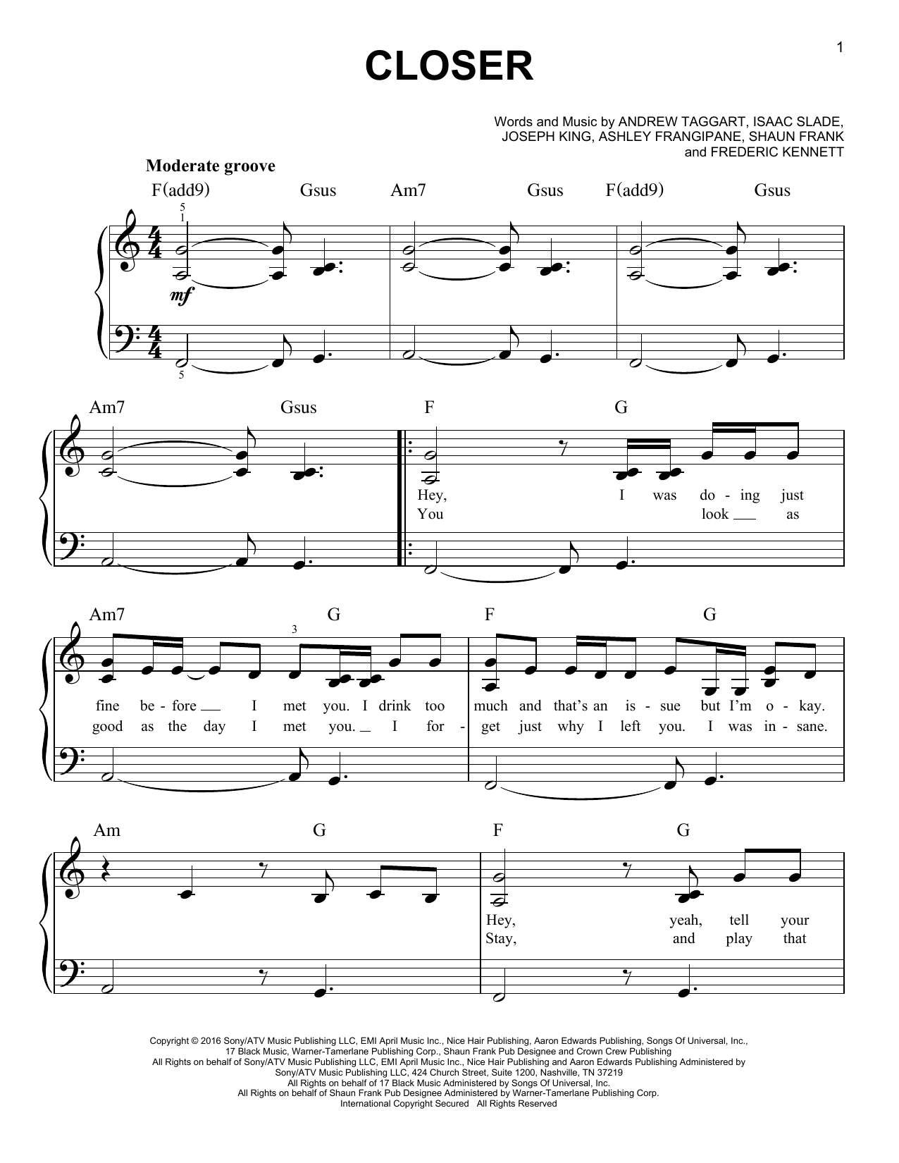 Download The Chainsmokers ft. Halsey Closer Sheet Music and learn how to play Beginner Piano PDF digital score in minutes