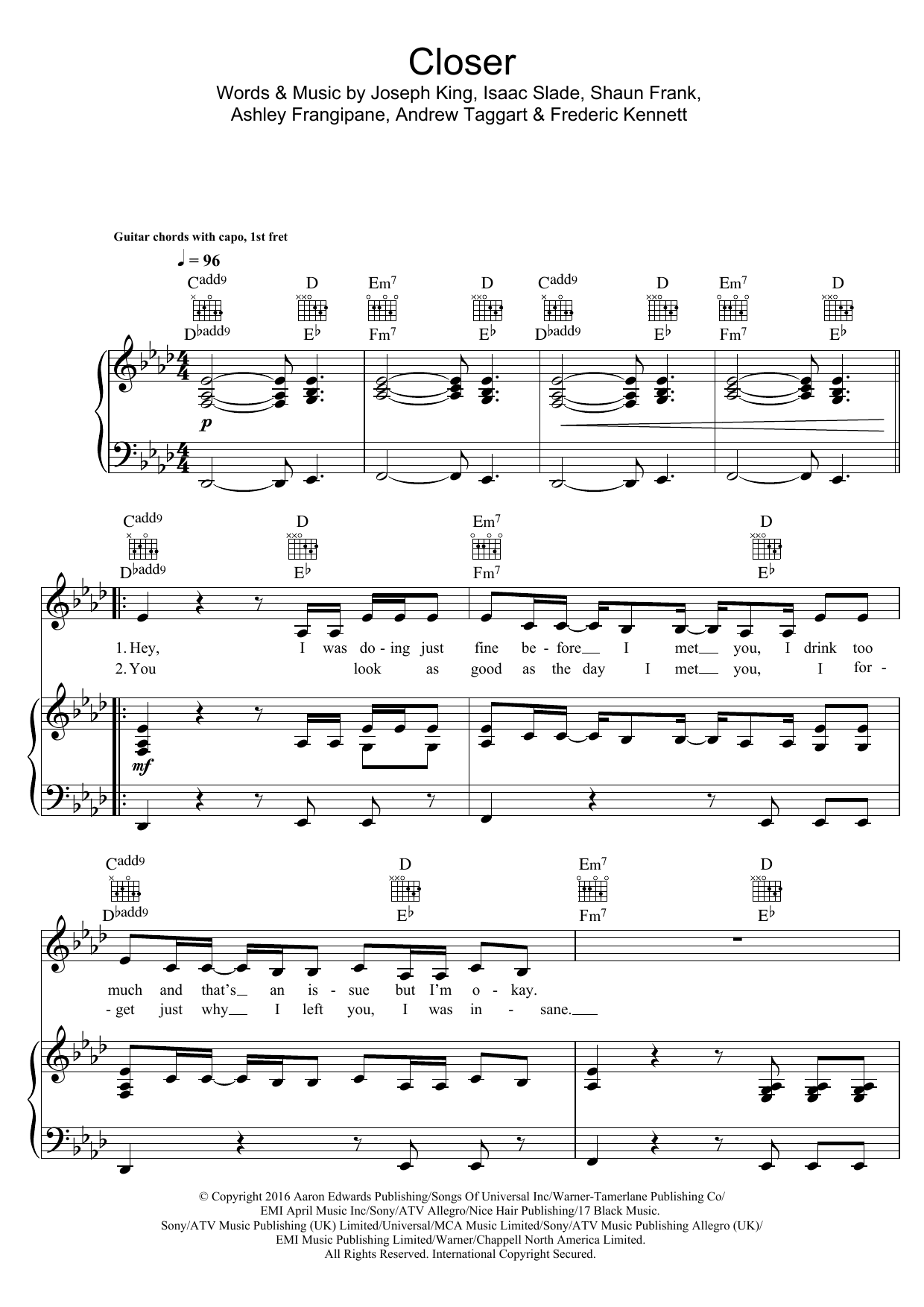 Download The Chainsmokers Closer (feat. Halsey) Sheet Music and learn how to play Piano, Vocal & Guitar (Right-Hand Melody) PDF digital score in minutes