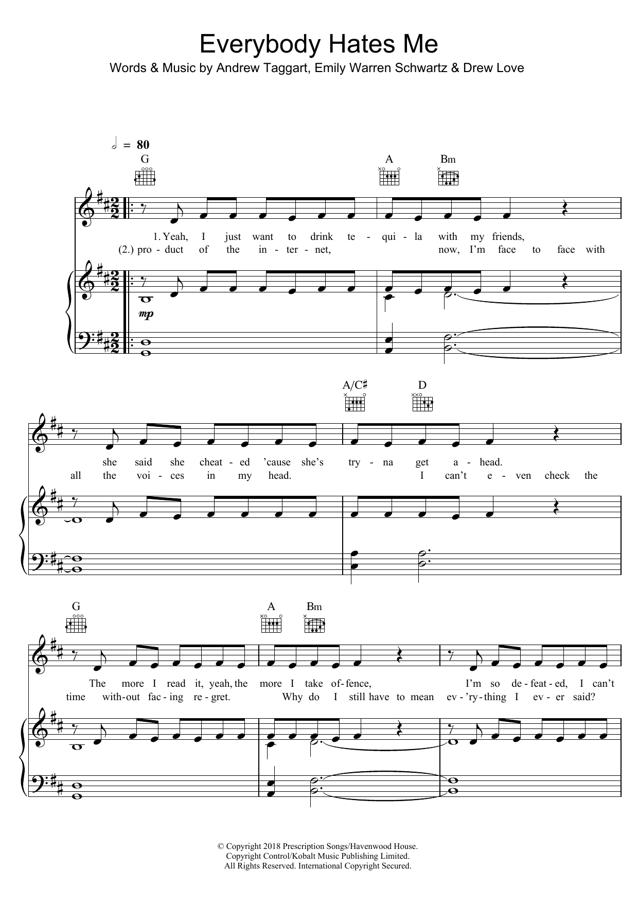 Download The Chainsmokers Everybody Hates Me Sheet Music and learn how to play Piano, Vocal & Guitar (Right-Hand Melody) PDF digital score in minutes