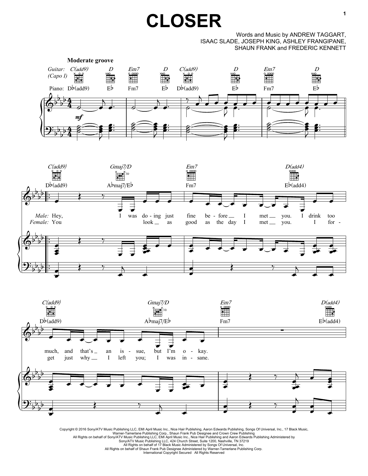 Download The Chainsmokers ft. Halsey Closer Sheet Music and learn how to play Piano, Vocal & Guitar (Right-Hand Melody) PDF digital score in minutes