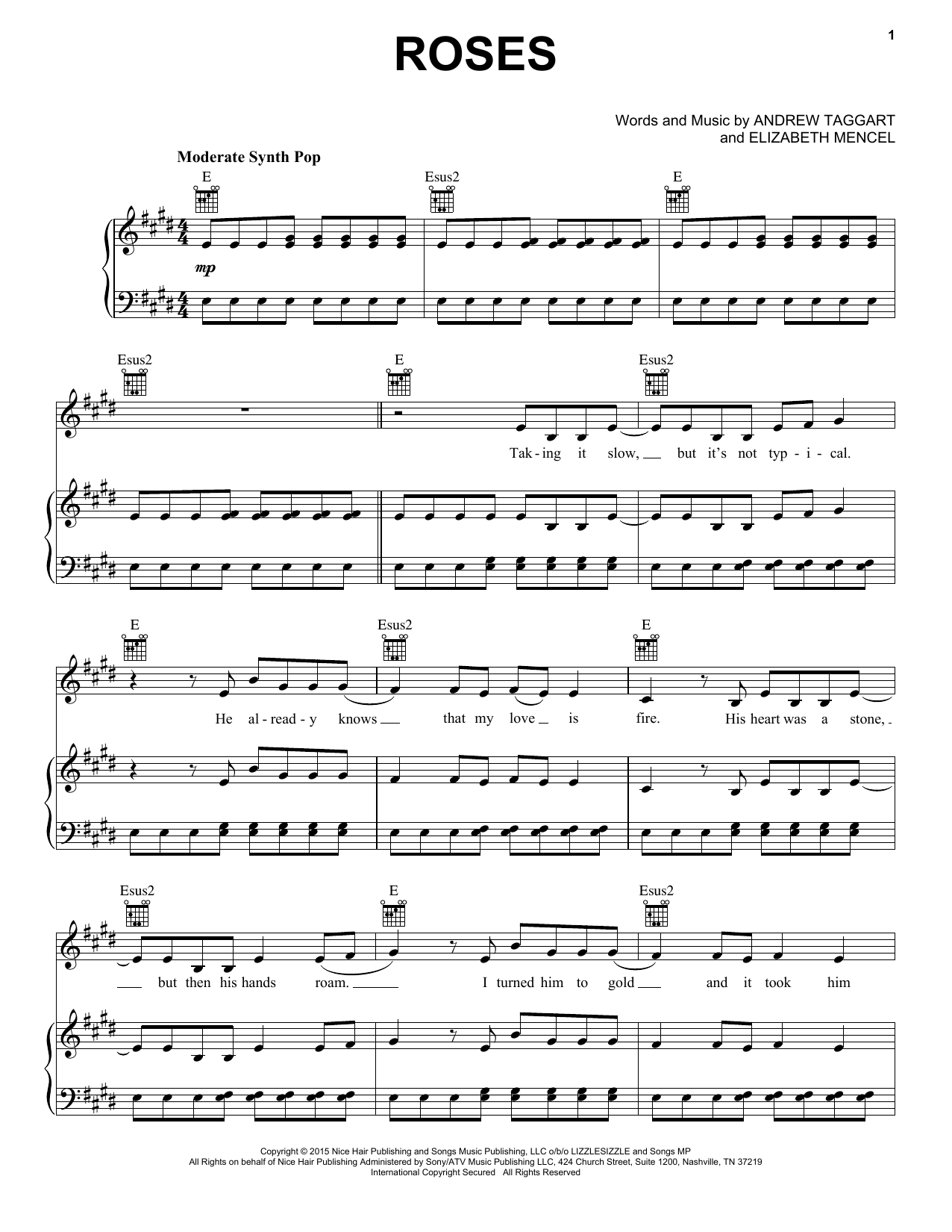 Download The Chainsmokers Roses (feat. ROZES) Sheet Music and learn how to play Piano, Vocal & Guitar (Right-Hand Melody) PDF digital score in minutes