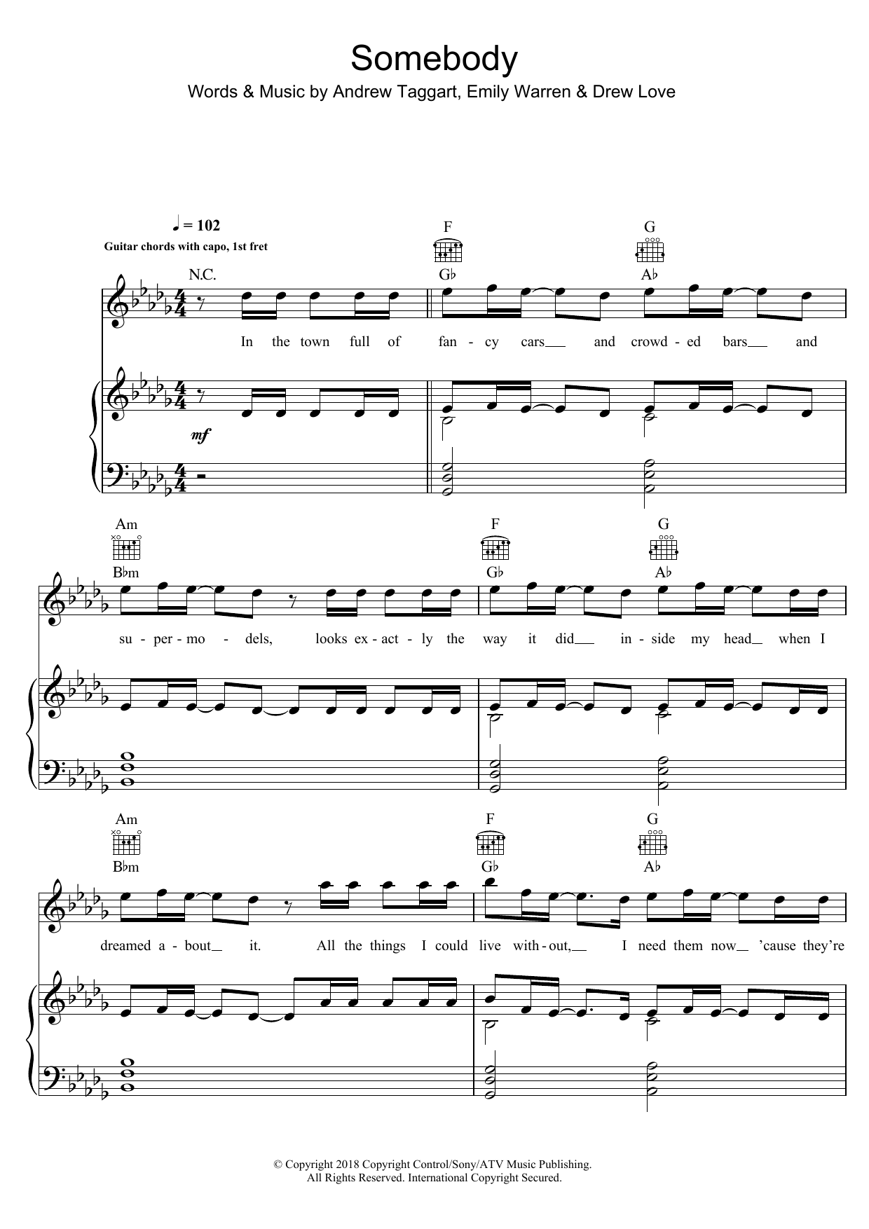 Download The Chainsmokers Somebody Sheet Music and learn how to play Piano, Vocal & Guitar (Right-Hand Melody) PDF digital score in minutes