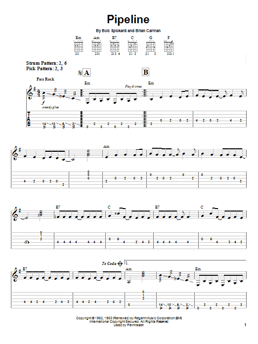 Download The Chantays Pipeline Sheet Music and learn how to play Guitar Tab Play-Along PDF digital score in minutes