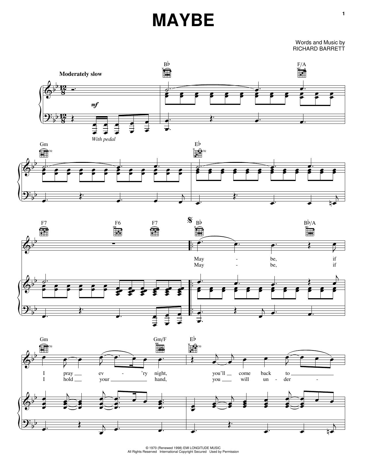 Download The Chantels Maybe Sheet Music and learn how to play Piano, Vocal & Guitar (Right-Hand Melody) PDF digital score in minutes