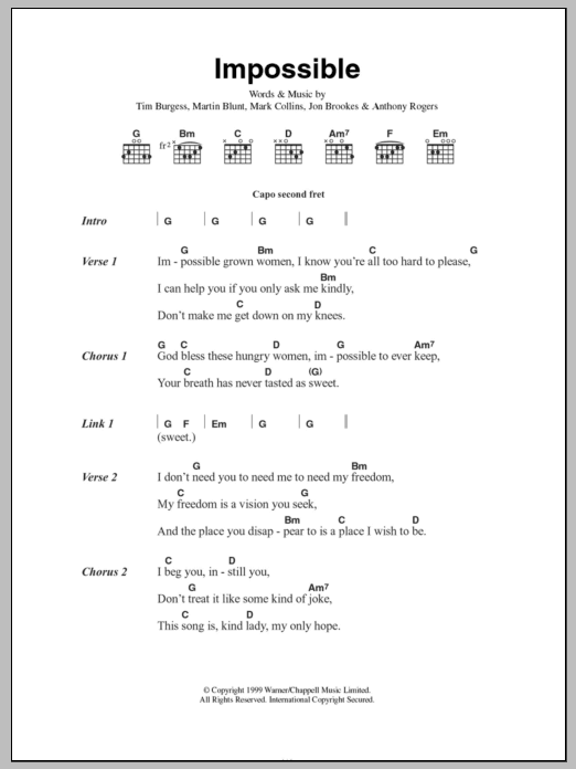 Download The Charlatans Impossible Sheet Music and learn how to play Lyrics & Chords PDF digital score in minutes