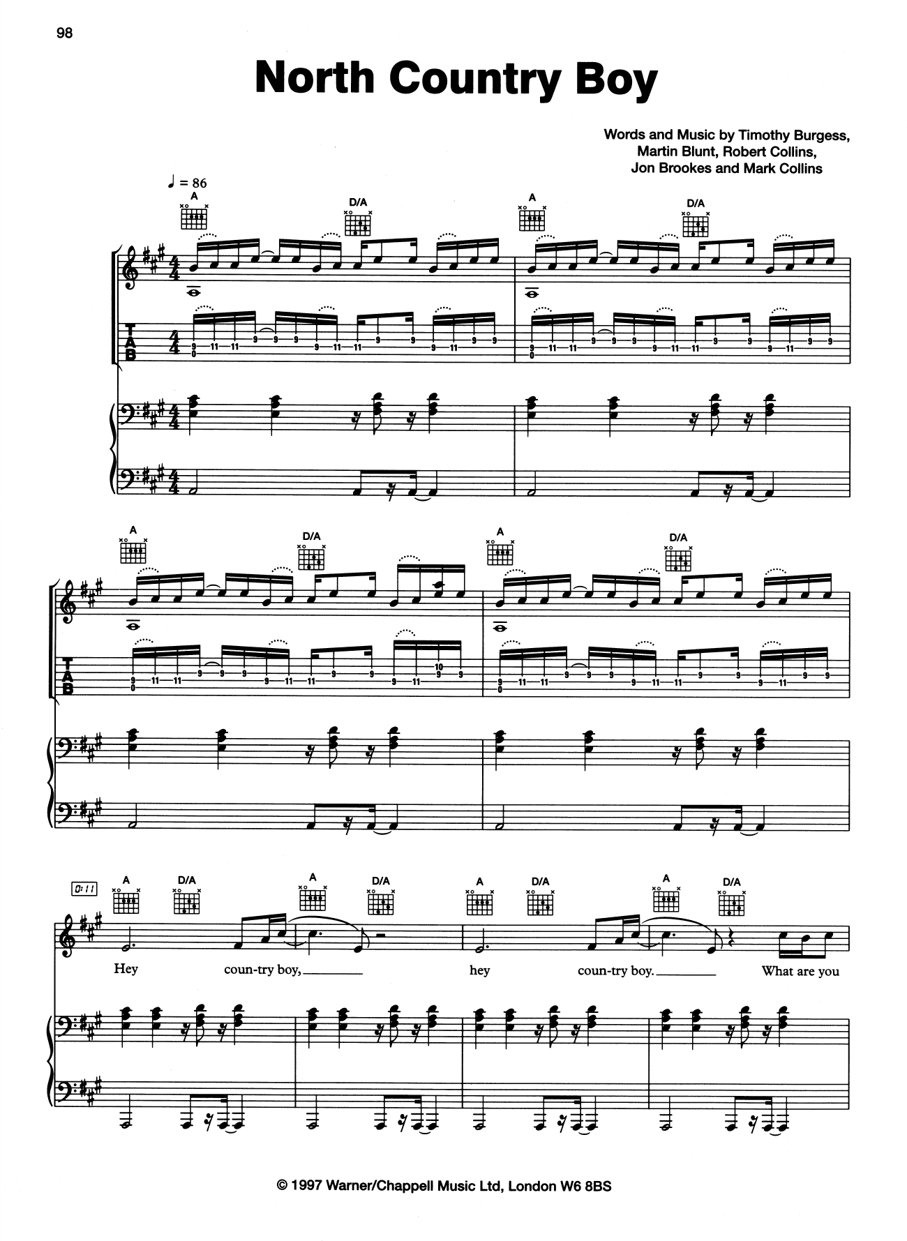 Download The Charlatans North Country Boy Sheet Music and learn how to play Piano, Vocal & Guitar (Right-Hand Melody) PDF digital score in minutes