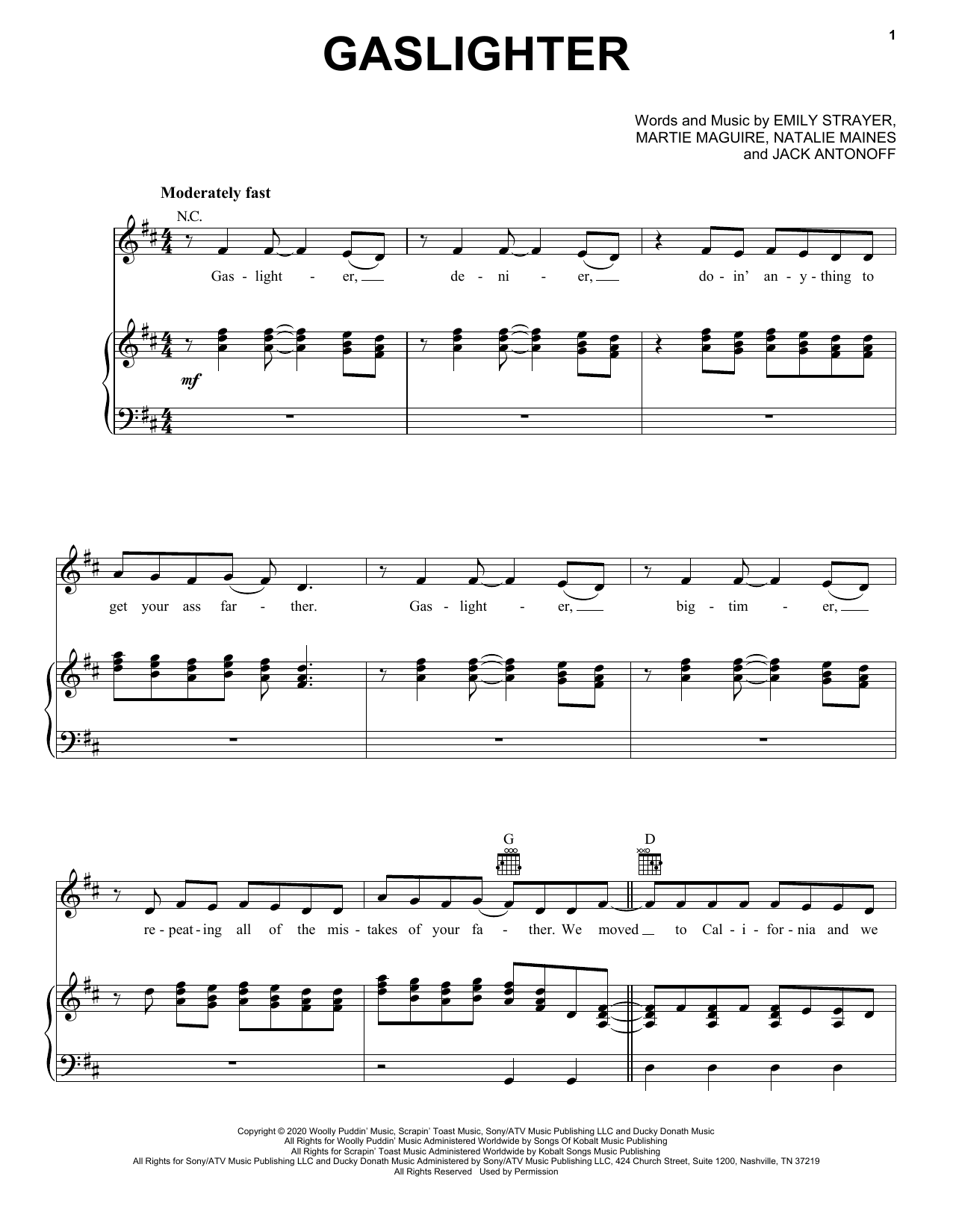 Download The Chicks Gaslighter Sheet Music and learn how to play Piano, Vocal & Guitar Chords (Right-Hand Melody) PDF digital score in minutes