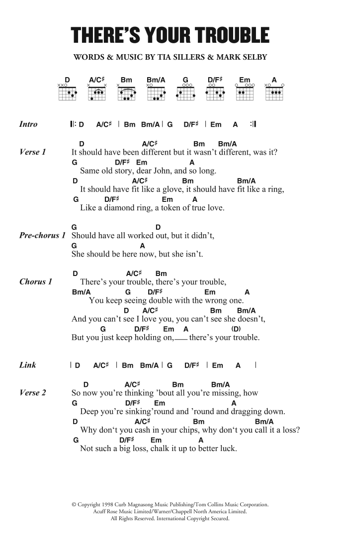 Download Dixie Chicks There's Your Trouble Sheet Music and learn how to play Lyrics & Chords PDF digital score in minutes