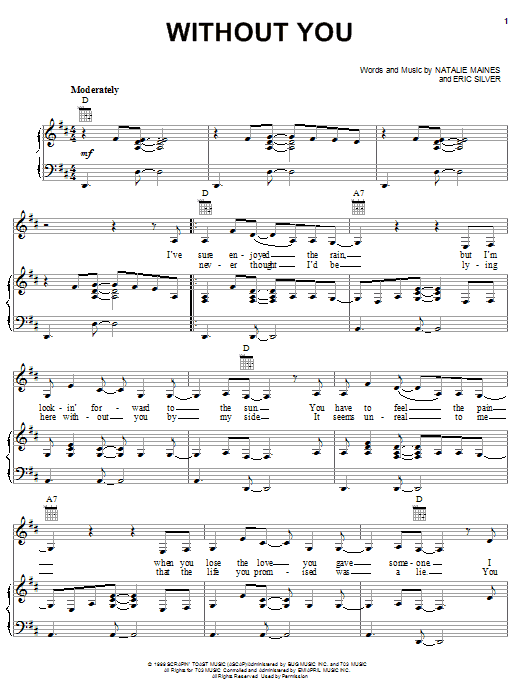 Download Dixie Chicks Without You Sheet Music and learn how to play Piano, Vocal & Guitar (Right-Hand Melody) PDF digital score in minutes