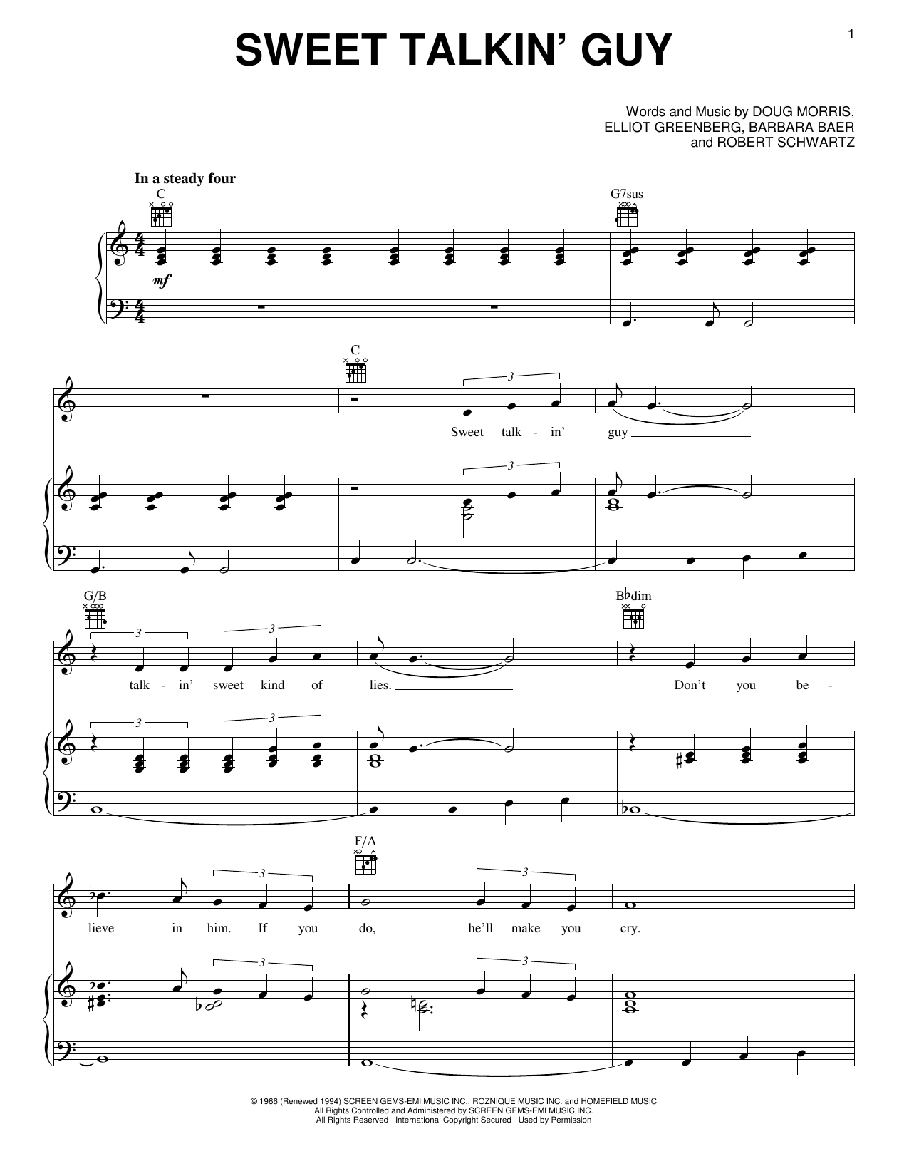 Download The Chiffons Sweet Talkin' Guy Sheet Music and learn how to play Piano, Vocal & Guitar (Right-Hand Melody) PDF digital score in minutes