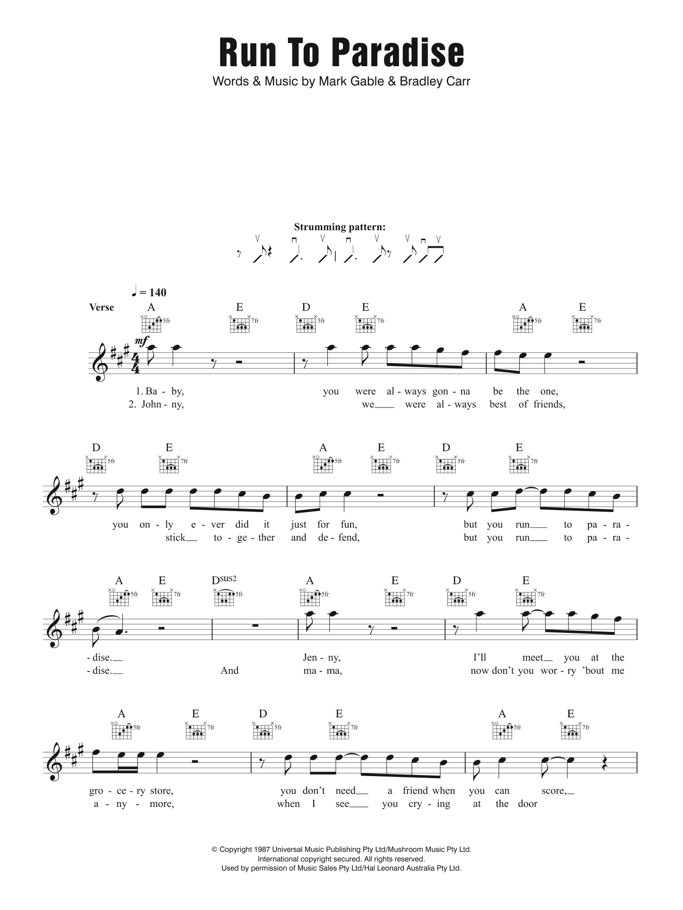 Download The Choirboys Run To Paradise Sheet Music and learn how to play Melody Line, Lyrics & Chords PDF digital score in minutes