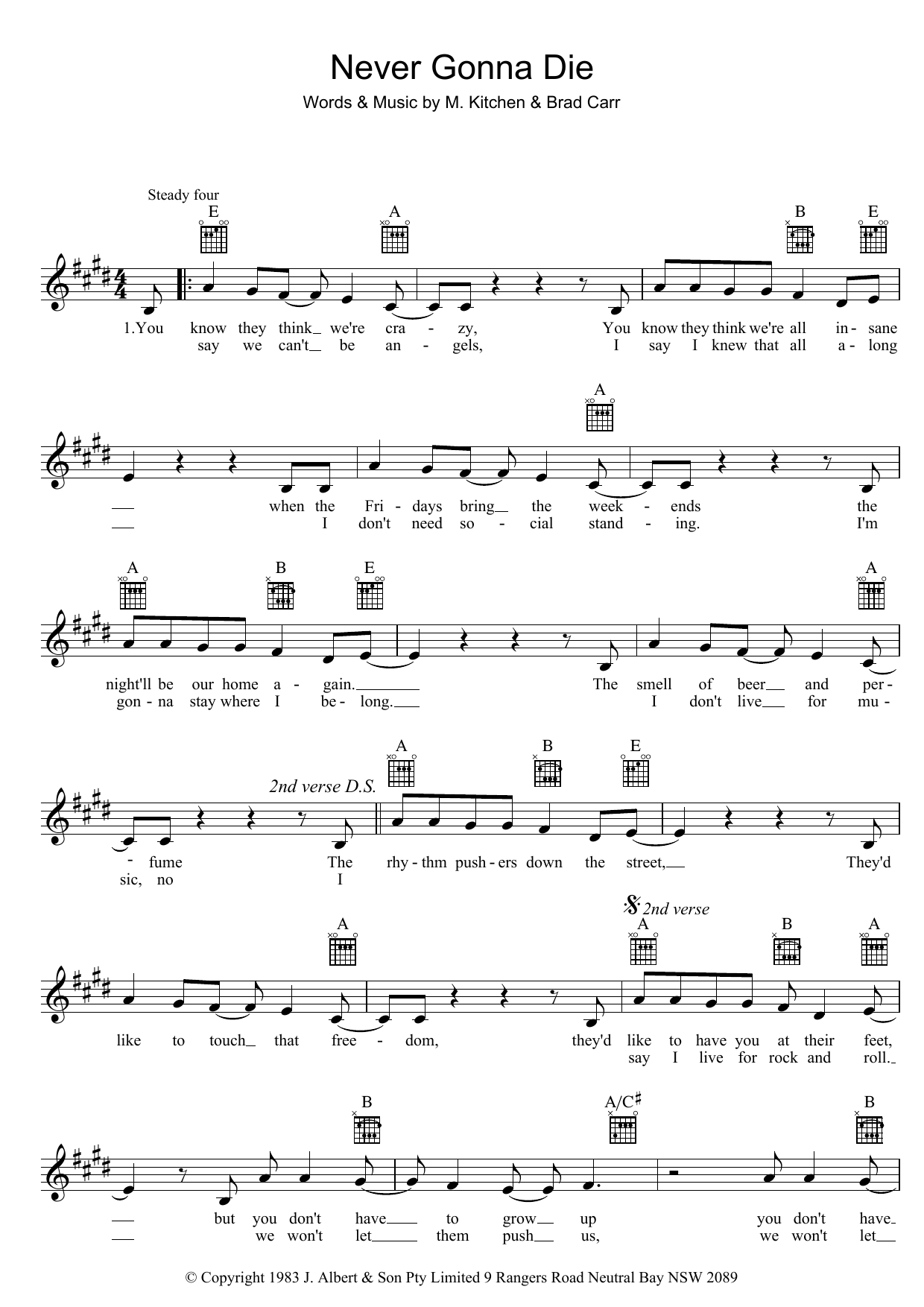 Download The Choirboys Never Gonna Die Sheet Music and learn how to play Melody Line, Lyrics & Chords PDF digital score in minutes