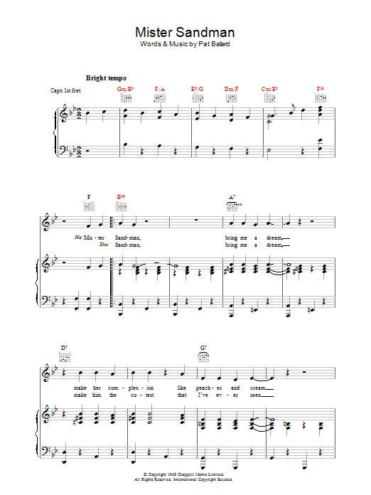 Download The Chordettes Mister Sandman Sheet Music and learn how to play Lead Sheet / Fake Book PDF digital score in minutes