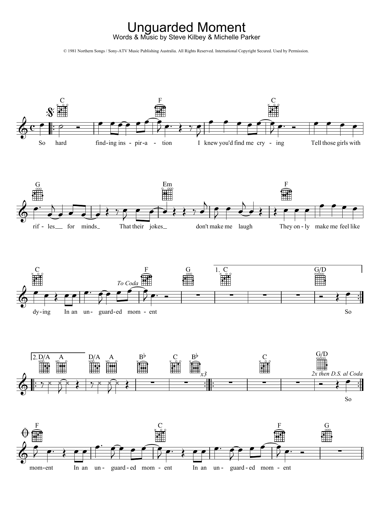 Download The Church Unguarded Moment Sheet Music and learn how to play Melody Line, Lyrics & Chords PDF digital score in minutes