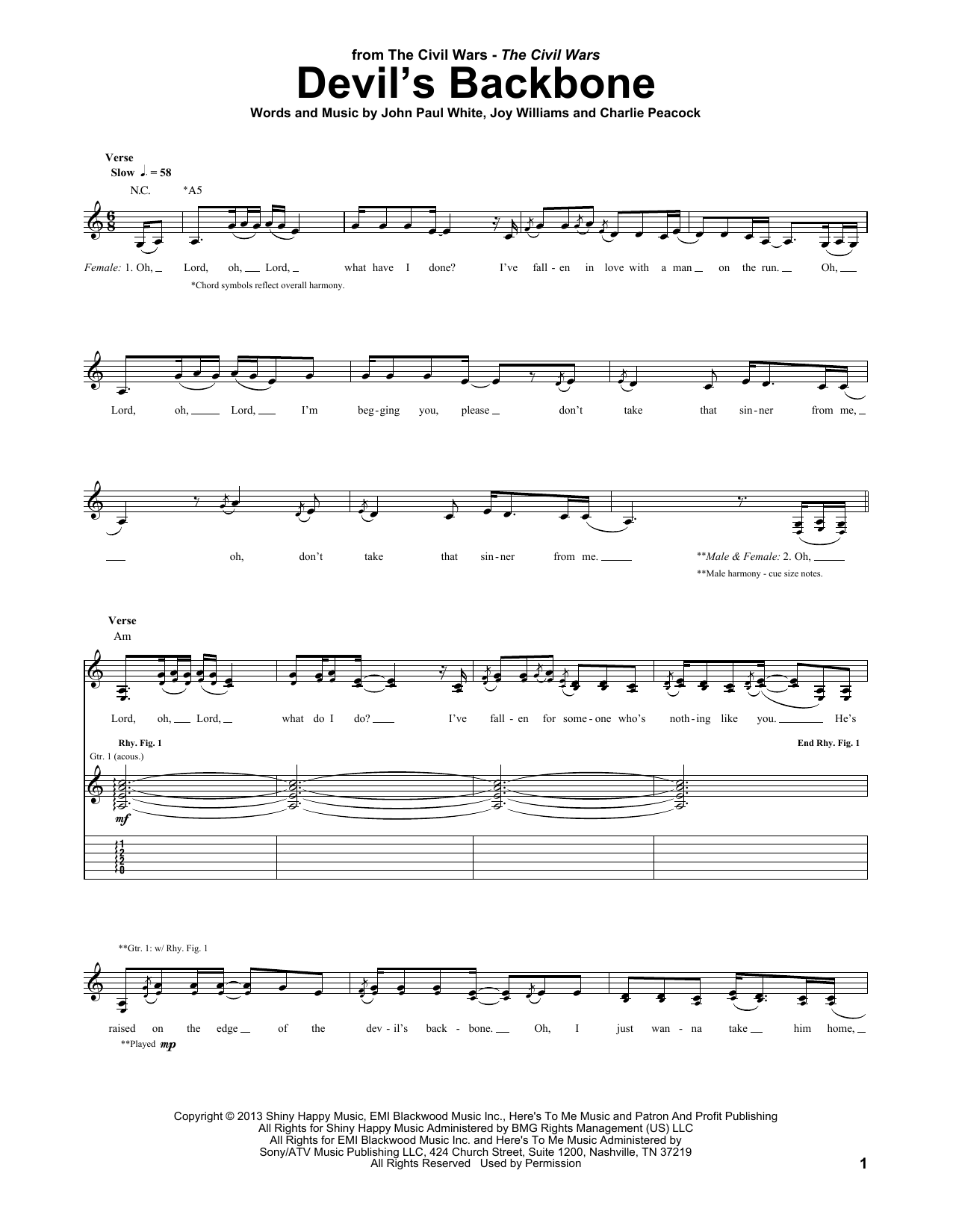 Download The Civil Wars Devil's Backbone Sheet Music and learn how to play Guitar Tab PDF digital score in minutes