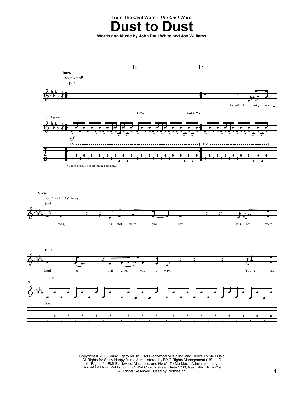 Download The Civil Wars Dust To Dust Sheet Music and learn how to play Guitar Tab PDF digital score in minutes