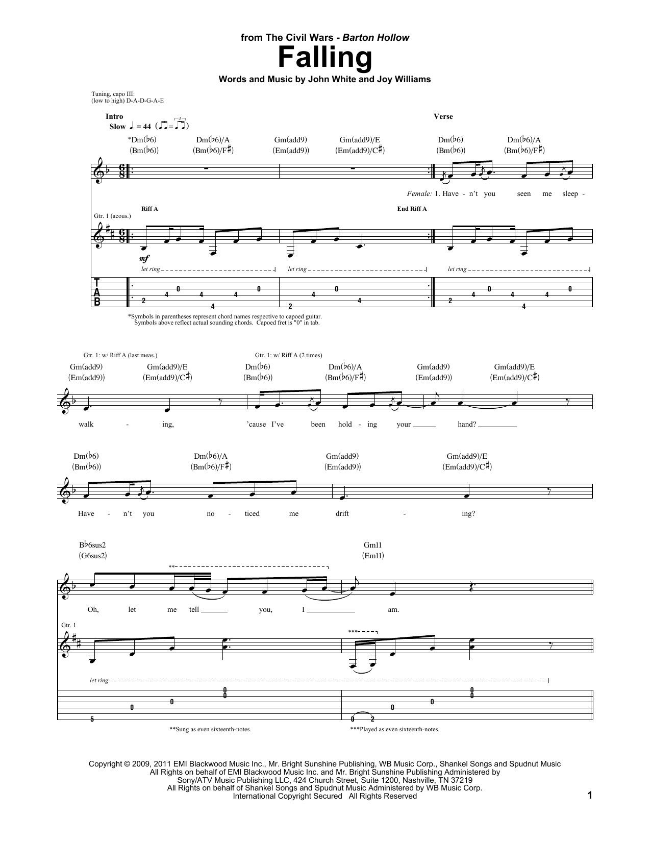 Download The Civil Wars Falling Sheet Music and learn how to play Guitar Tab PDF digital score in minutes