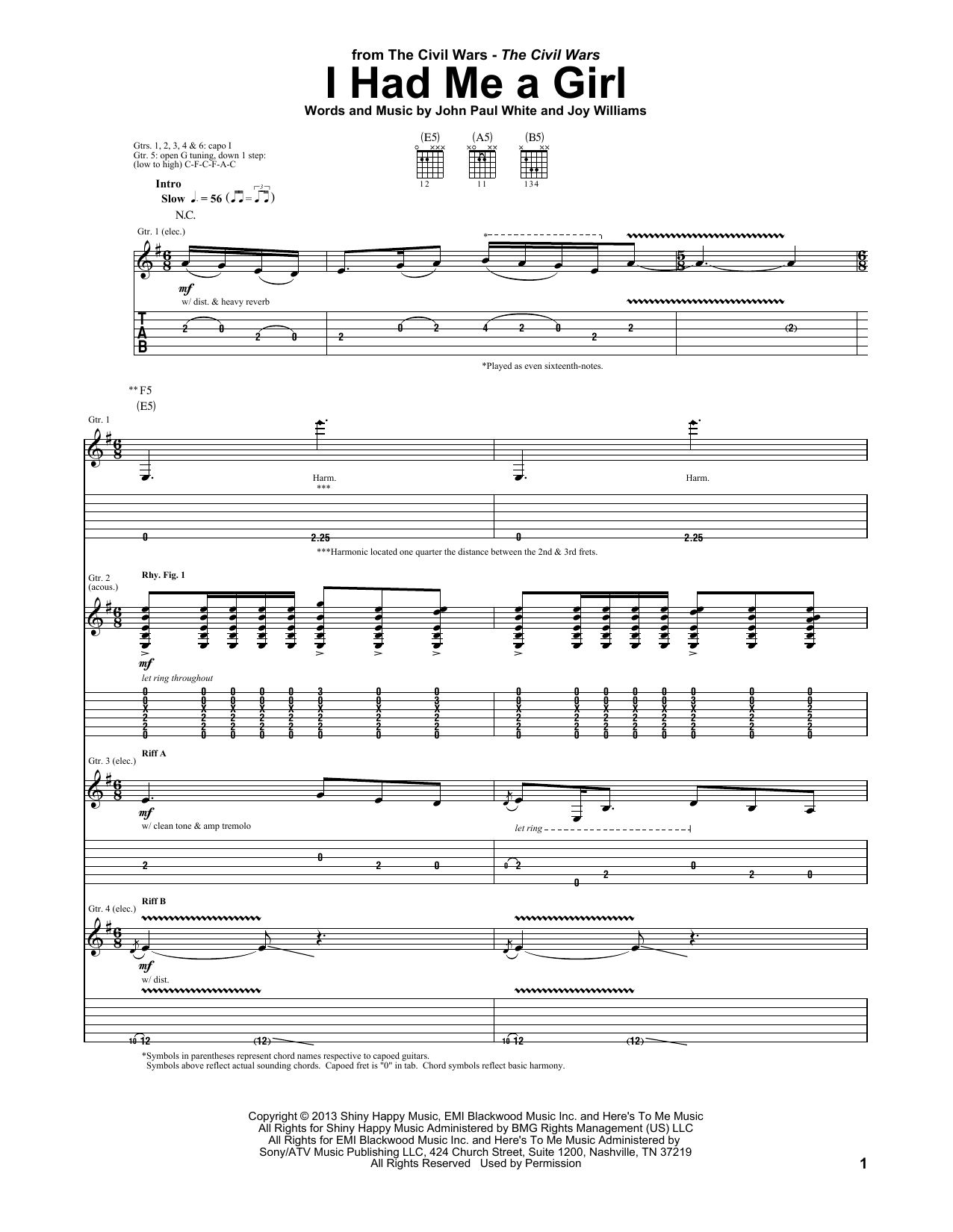 Download The Civil Wars I Had Me A Girl Sheet Music and learn how to play Guitar Tab PDF digital score in minutes