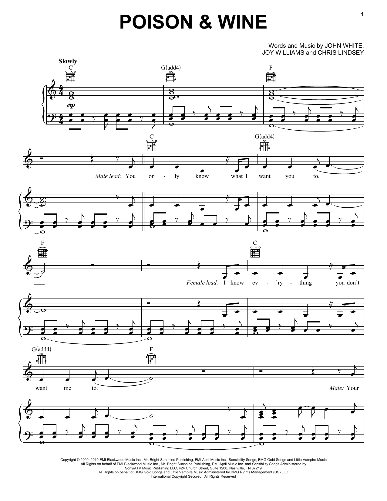 Download The Civil Wars Poison & Wine Sheet Music and learn how to play Piano, Vocal & Guitar (Right-Hand Melody) PDF digital score in minutes