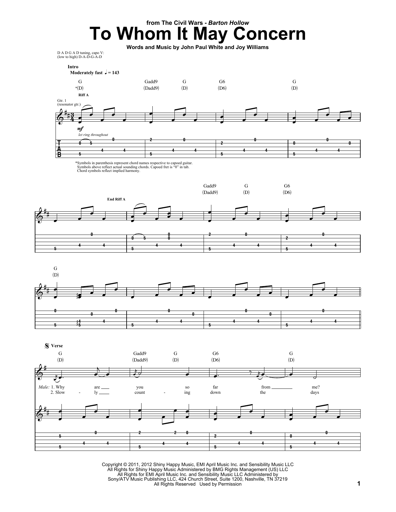 Download The Civil Wars To Whom It May Concern Sheet Music and learn how to play Guitar Tab PDF digital score in minutes