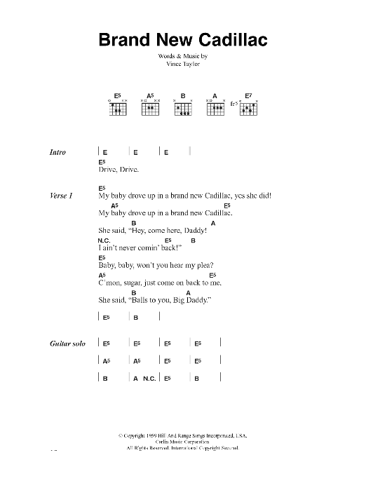 Download The Clash Brand New Cadillac Sheet Music and learn how to play Lyrics & Chords PDF digital score in minutes