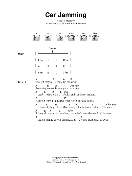 Download The Clash Car Jamming Sheet Music and learn how to play Lyrics & Chords PDF digital score in minutes