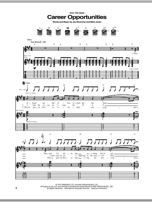 Download The Clash Career Opportunities Sheet Music and learn how to play Guitar Tab PDF digital score in minutes