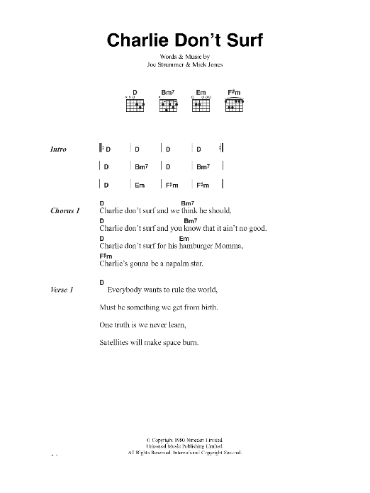 Download The Clash Charlie Don't Surf Sheet Music and learn how to play Lyrics & Chords PDF digital score in minutes