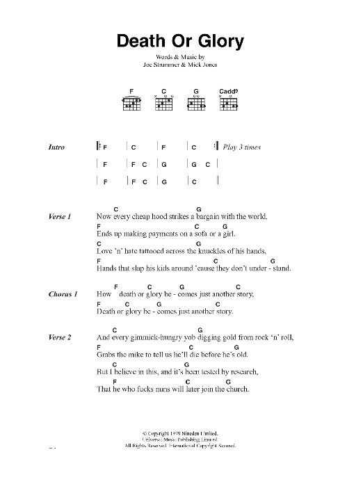 Download The Clash Death Or Glory Sheet Music and learn how to play Lyrics & Chords PDF digital score in minutes