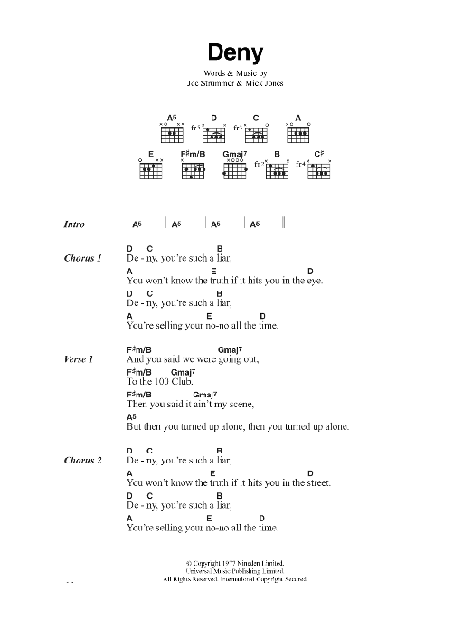 Download The Clash Deny Sheet Music and learn how to play Lyrics & Chords PDF digital score in minutes