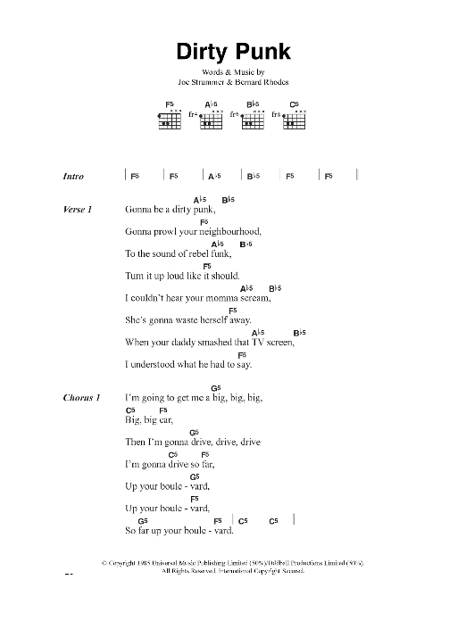 Download The Clash Dirty Punk Sheet Music and learn how to play Lyrics & Chords PDF digital score in minutes