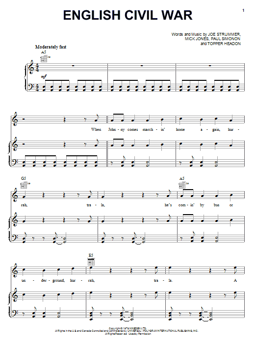 Download The Clash English Civil War Sheet Music and learn how to play Piano, Vocal & Guitar (Right-Hand Melody) PDF digital score in minutes