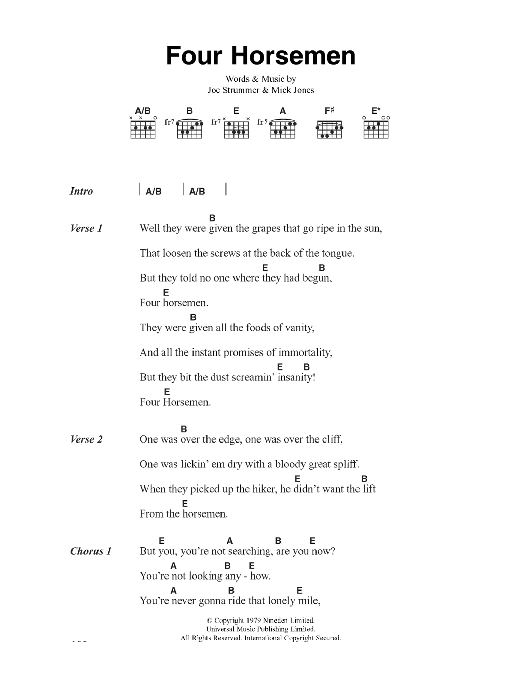 Download The Clash Four Horsemen Sheet Music and learn how to play Lyrics & Chords PDF digital score in minutes