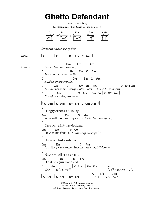 Download The Clash Ghetto Defendant Sheet Music and learn how to play Lyrics & Chords PDF digital score in minutes