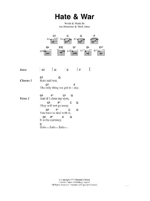 Download The Clash Hate & War Sheet Music and learn how to play Lyrics & Chords PDF digital score in minutes