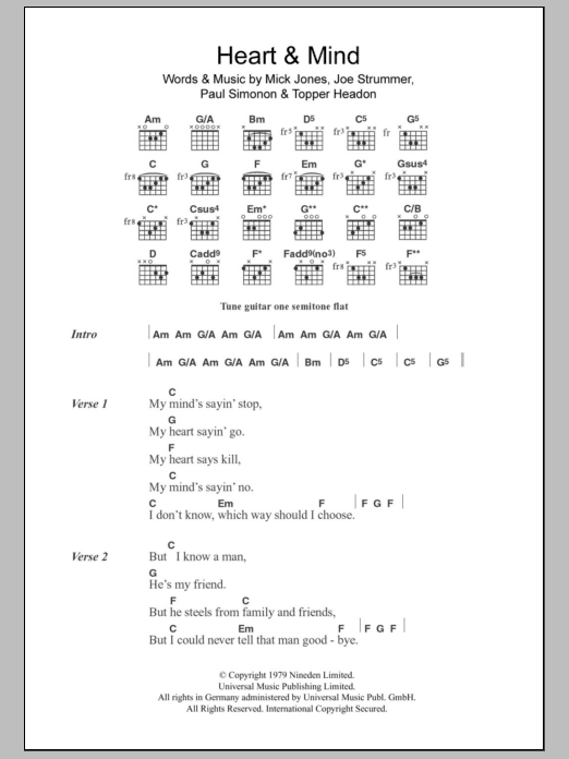 Download The Clash Heart & Mind Sheet Music and learn how to play Lyrics & Chords PDF digital score in minutes