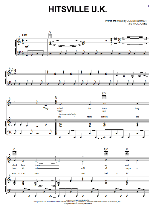 Download The Clash Hitsville U.K. Sheet Music and learn how to play Piano, Vocal & Guitar (Right-Hand Melody) PDF digital score in minutes