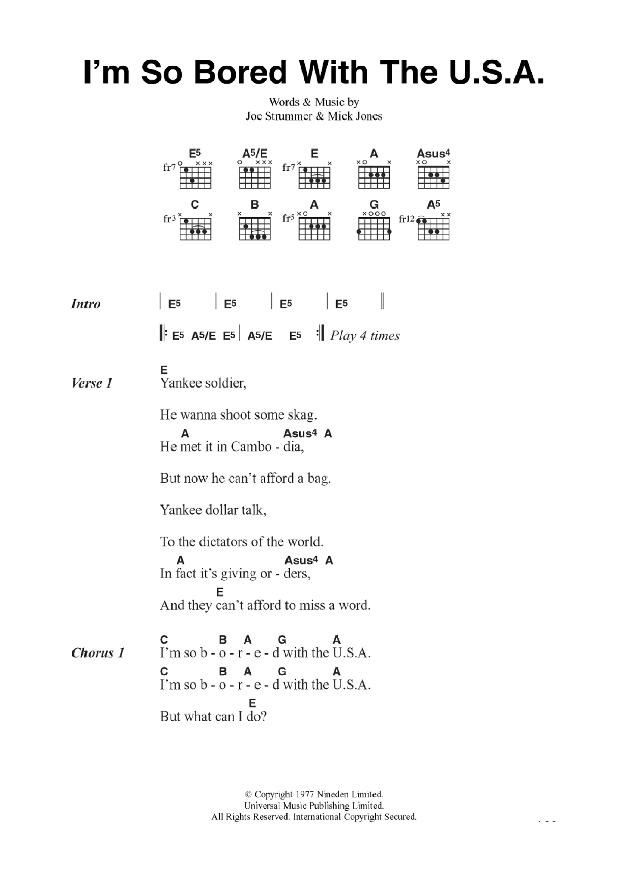 Download The Clash I'm So Bored With The U.S.A. Sheet Music and learn how to play Guitar Chords/Lyrics PDF digital score in minutes