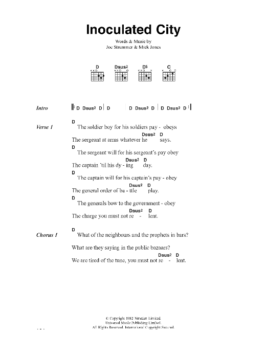 Download The Clash Inoculated City Sheet Music and learn how to play Lyrics & Chords PDF digital score in minutes