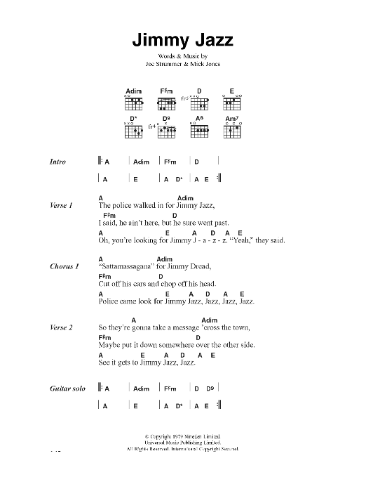 Download The Clash Jimmy Jazz Sheet Music and learn how to play Lyrics & Chords PDF digital score in minutes