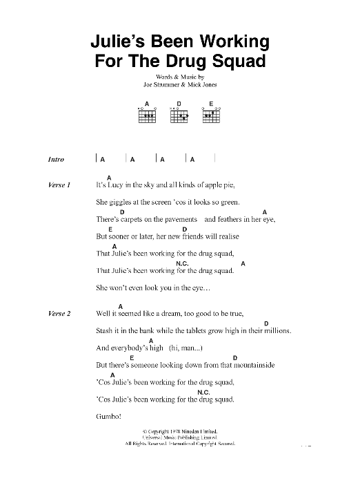 Download The Clash Julie's Been Working For The Drug Squad Sheet Music and learn how to play Lyrics & Chords PDF digital score in minutes