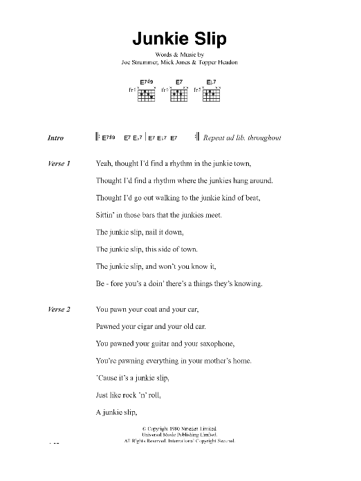 Download The Clash Junkie Slip Sheet Music and learn how to play Lyrics & Chords PDF digital score in minutes