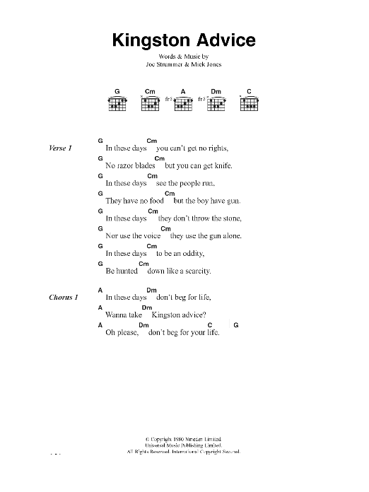 Download The Clash Kingston Advice Sheet Music and learn how to play Lyrics & Chords PDF digital score in minutes