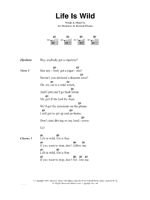 Download The Clash Life Is Wild Sheet Music and learn how to play Lyrics & Chords PDF digital score in minutes