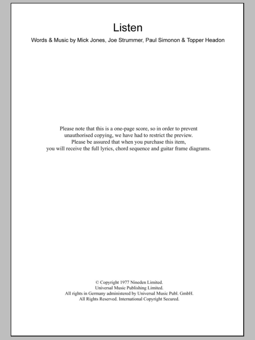 Download The Clash Listen Sheet Music and learn how to play Lyrics & Chords PDF digital score in minutes