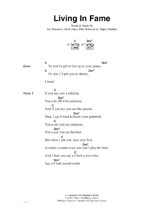 Download The Clash Living In Fame Sheet Music and learn how to play Lyrics & Chords PDF digital score in minutes
